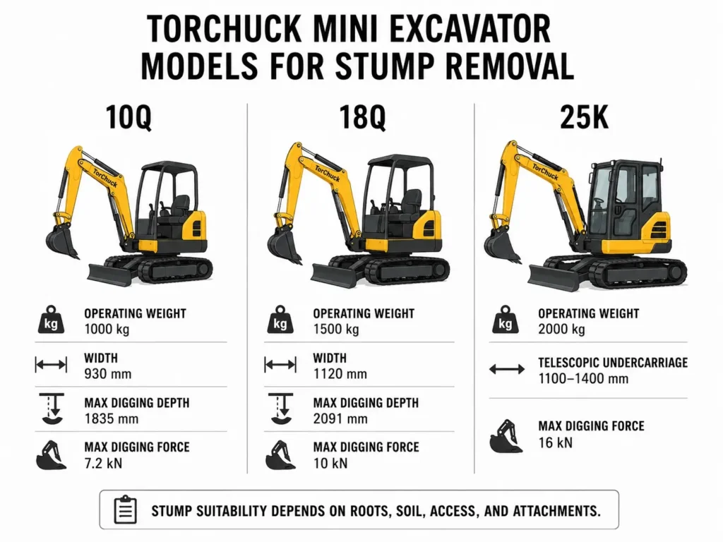 Torchuck 10Q 18Q and 25K mini excavator specification comparison