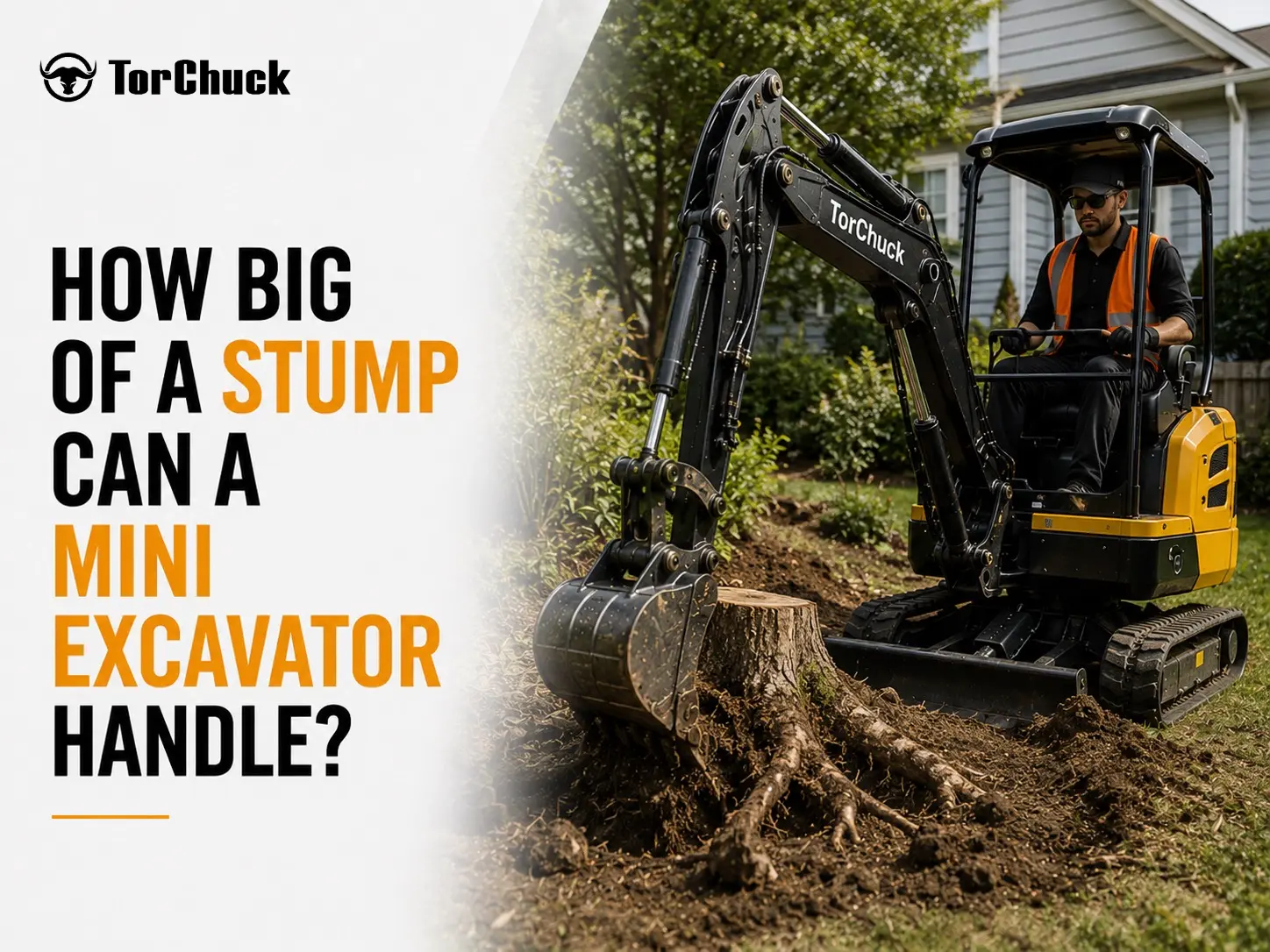 Torchuck mini excavator removing a tree stump during landscaping work