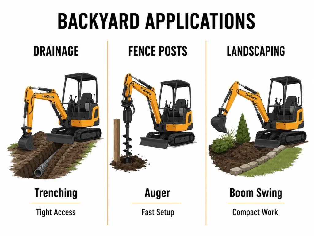 Torchuck mini excavator used for backyard drainage fencing and landscaping