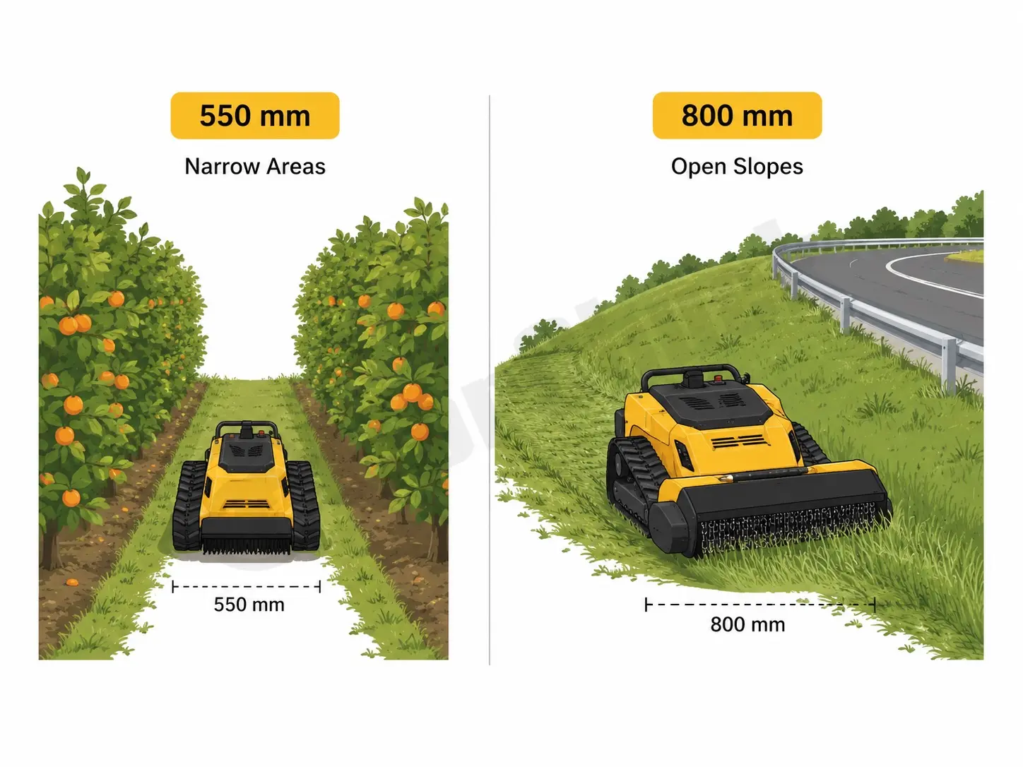 550 mm and 800 mm remote control slope mower comparison