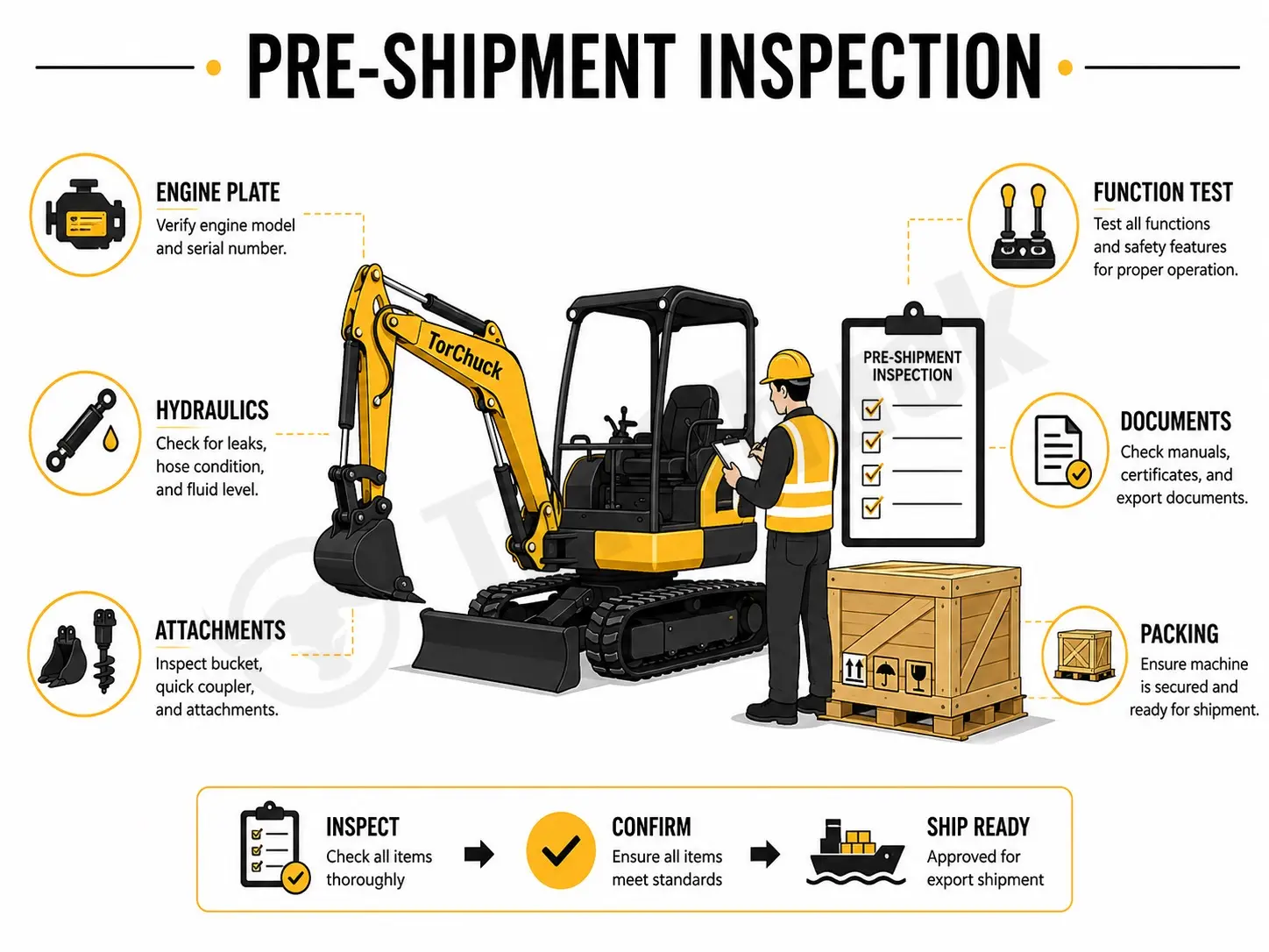 Pre-shipment inspection of a Chinese mini excavator before export