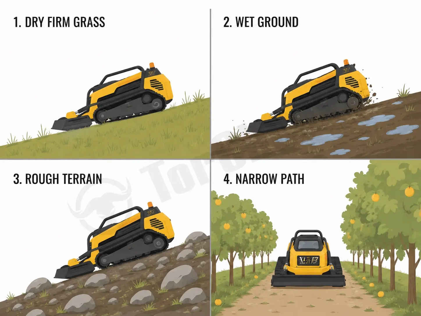 dry wet rough and narrow slope conditions for remote control mowers