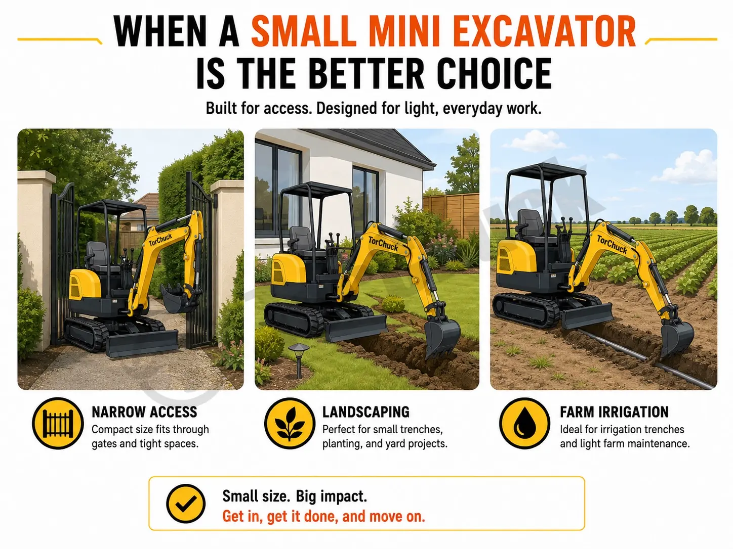 small mini excavator working in narrow garden farm and landscaping areas