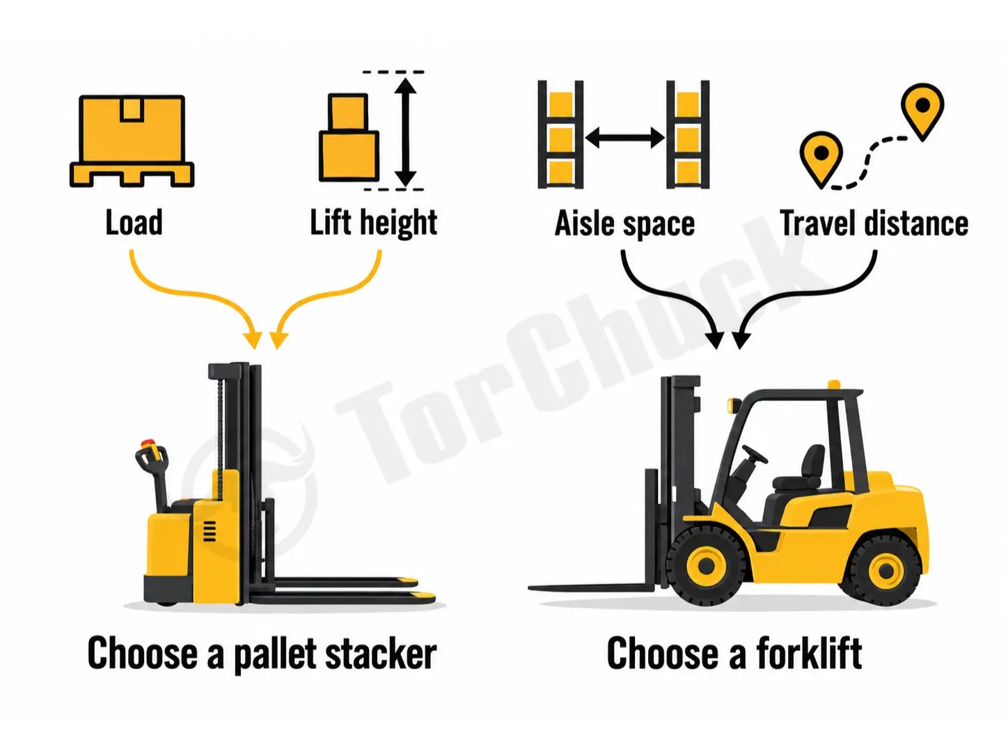 choose forklift or pallet stacker by load aisle height and travel distance