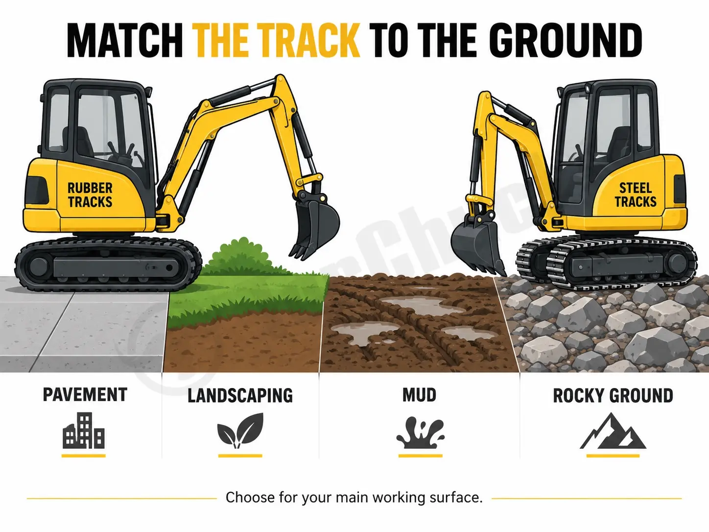 rubber and steel mini excavator tracks on pavement soil mud and rocky ground