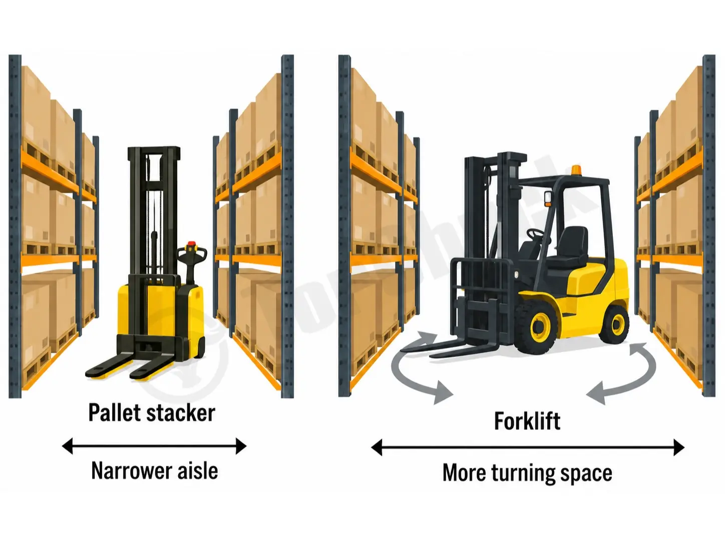 pallet stacker and electric forklift working in narrow warehouse aisles
