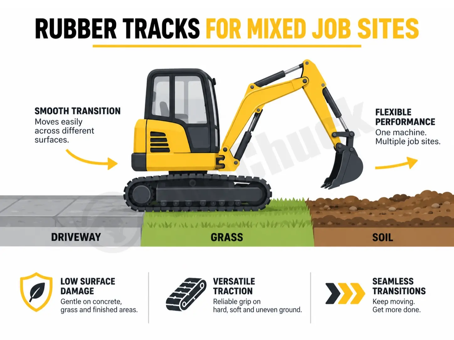 rubber track mini excavator moving between pavement lawn and soil
