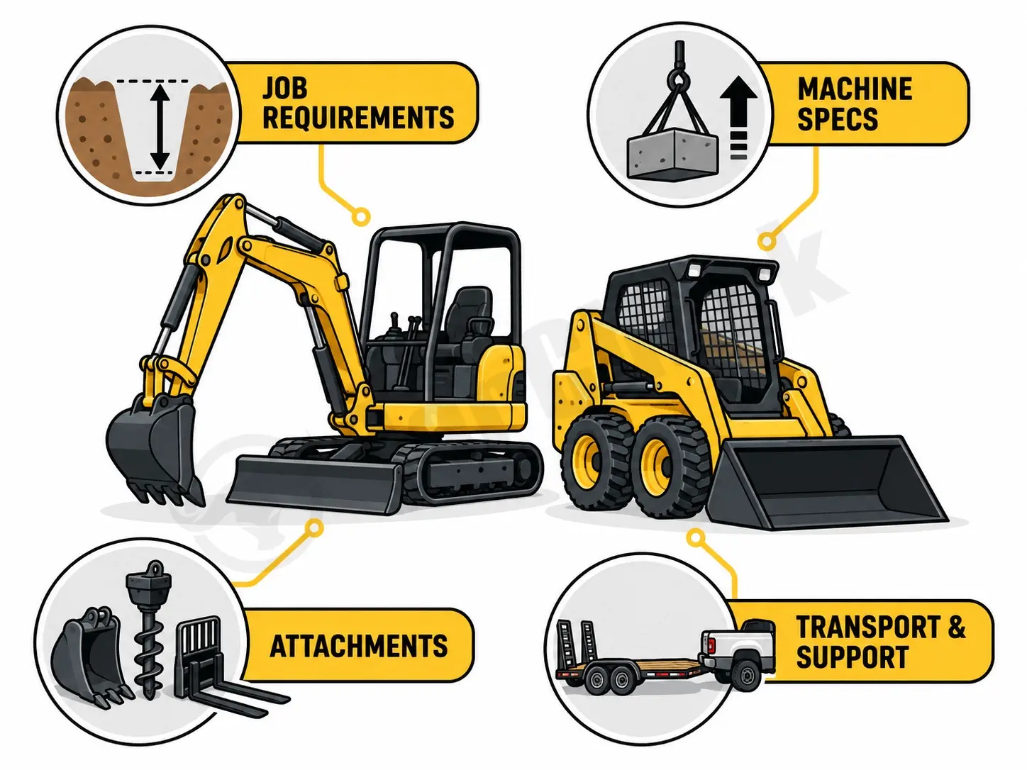 Mini excavator and skid steer with buying factors including job requirements, machine specifications, attachments, and transport