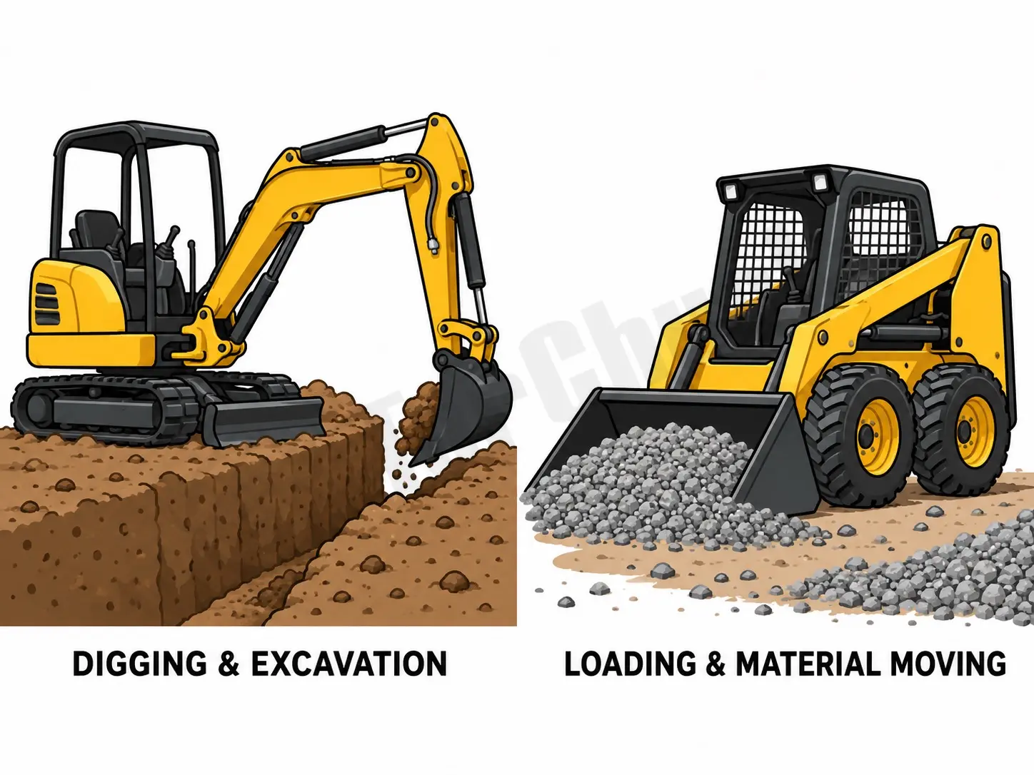 Mini excavator digging a trench and skid steer loader moving gravel