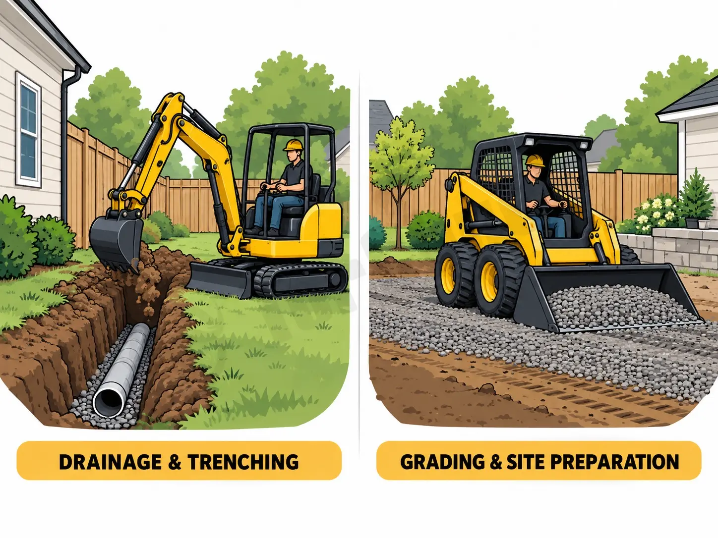 Mini excavator digging a drainage trench and skid steer preparing a gravel surface in residential landscaping