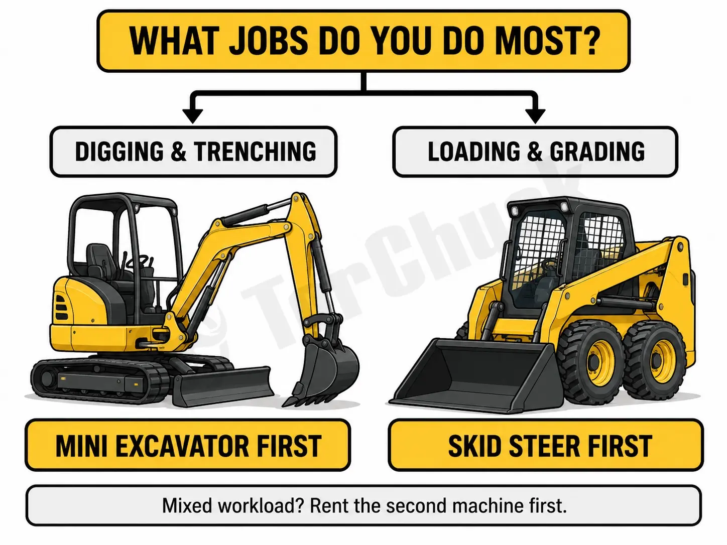 Decision flowchart recommending a mini excavator for digging and trenching or a skid steer for loading and grading